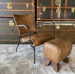 Fauteuil vintage rétro moderne en cuir véritable marron à accent caractéristique