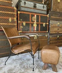 Fauteuil vintage rétro moderne en cuir véritable marron à accent caractéristique