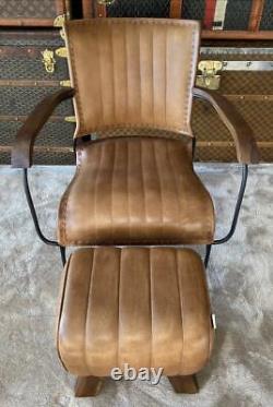 Fauteuil vintage rétro moderne en cuir véritable marron à accent caractéristique