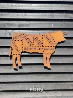 Grand panneau en métal VACHE pour l'atelier, boucheries à domicile, découpes de viande, cuisine BBQ, décoration de café-bar.
