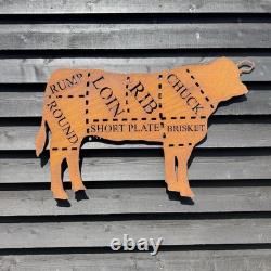 Grand panneau en métal VACHE pour l'atelier, boucheries à domicile, découpes de viande, cuisine BBQ, décoration de café-bar.