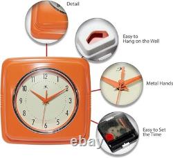 Horloge Murale Carrée Orange Rétro 9 pouces Silencieuse Vintage Décor de Cuisine Diner