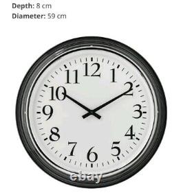 Horloge Murale IKEA Bravur Grande Rétro Iconique Noir Blanc Métal 59cm Silencieuse Sans Tictac