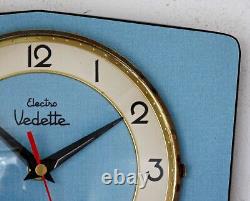 Horloge murale Vedette Formica vintage de 25 cm - Rétro français du milieu du siècle en bois atomique