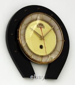 Horloge murale rétro vintage en forme de fer à cheval chanceux de 25 cm FFR jaune français du milieu du siècle