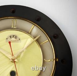 Horloge murale rétro vintage en forme de fer à cheval chanceux de 25 cm FFR jaune français du milieu du siècle