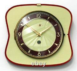 Horloge murale vintage jaune de 25 cm, forme REG française, Formica rétro, milieu de siècle, atomique