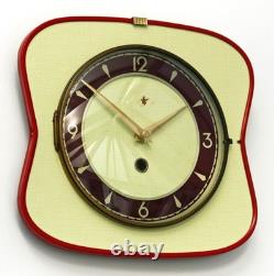 Horloge murale vintage jaune de 25 cm, forme REG française, Formica rétro, milieu de siècle, atomique