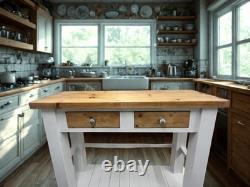 Îlot de cuisine de ferme vintage restauré en bois, grande taille