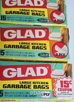 Lot de sacs-poubelle de cuisine vintage GLAD, grands, lot de 8, neufs, 15 unités, 2 plis, rétro USA