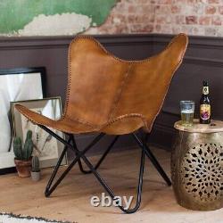 Nouveau fauteuil classique rétro vintage en cuir papillon avec support en fer ouvrable