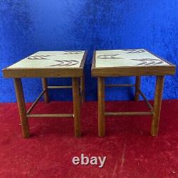 Paire De Fab Vintage Retro Handmade Petite Table Latérale Pied De Plante Tiled Top