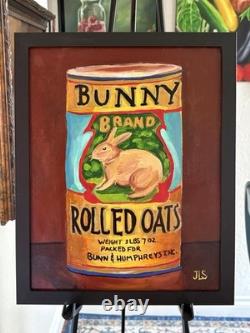 Peinture de lapin sur boîte à flocons d’avoine vintage 11x14 encadrée art mural rétro de cuisine