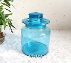 Pot en verre bleu vintage des années 1930 avec couvercle unique, décoration de cuisine rétro GS83