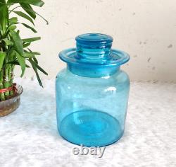Pot en verre bleu vintage des années 1930 avec couvercle unique, décoration de cuisine rétro GS83