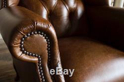 Queen Anne Old Vintage Crackle Tan Leather Chaise À L'aile Chesterfield