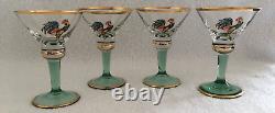 RARES 4 Verres à Martini en Sherry avec Coq Chantant, Tiges Vertes, Faits Main