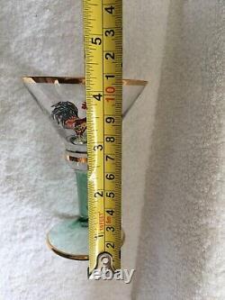 RARES 4 Verres à Martini en Sherry avec Coq Chantant, Tiges Vertes, Faits Main