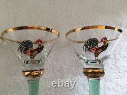RARES 4 Verres à Martini en Sherry avec Coq Chantant, Tiges Vertes, Faits Main