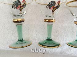 RARES 4 Verres à Martini en Sherry avec Coq Chantant, Tiges Vertes, Faits Main