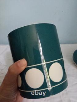 RÉCIPIENT DE RANGEMENT CORNISHWARE JERSEY DE COULEUR TEAL TG DES ANNÉES 1960 RARE VINTAGE AVEC CERCLES BLANCS