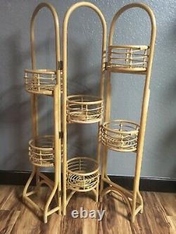 Rare Vintage 55 Rattan Bamboo 6 Plant Tri Folding Stand Boho MCM Kitchen Rack