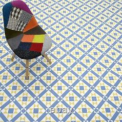 Retro Vintage Blue Yellow Tile Vinyl Floor 2m & 3m Large Salle De Bain/hall/cuisine