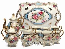 Royaume-uni Porcelaine 10pc Bleu Floral Vintage Tea Cup Set Pour 6, Or 24k