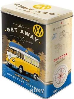 Style vintage rétro, grande boîte à couvercle en étain VW Volkswagen. Partons! Surfons!