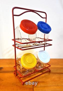 Support d'exposition de cuisine VTG MCM, bocaux en verre, couvercles, bonbons à un sou, étagère à épices RARE