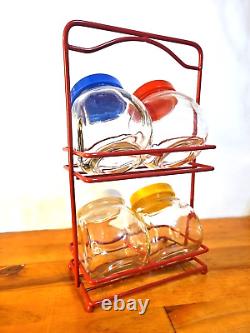 Support d'exposition de cuisine VTG MCM, bocaux en verre, couvercles, bonbons à un sou, étagère à épices RARE