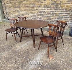 Table de salle à manger à rabat rétro vintage en frêne Ercol et chaises