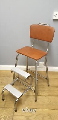 Tabouret de cuisine pliant rétro Brabantia avec siège recouvert de vinyle marron en chrome