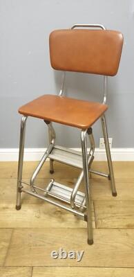 Tabouret de cuisine pliant rétro Brabantia avec siège recouvert de vinyle marron en chrome