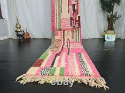 Tapis Marocain Boujaad Handmade Runner 2'5x11'2 Abstract Pink Wool Berber Carpet