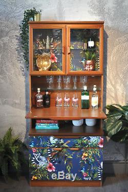 Upcycled Vintage Retro Teak Drinks Cabinet Bar Bibliothèque Decoupage Marine Lémur