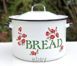 VTG 60s 70s Boîte à Pain Émaillée Blanche avec Fleurs Rouges Rétro Fabriquée en POLOGNE 11 Pouces de Hauteur