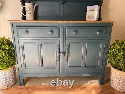 Vintage Ercol Elm Welsh Dresser, Buffet, Plaque Rack Pétrol Bleu