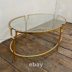 Vintage Grand Gold Table De Café En Métal Long Verre Ovale Top Gold Gilt Leaf Frame