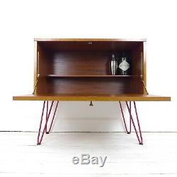 Vintage Teck Record / Boissons Jambes Cabinet Red Hairpin Milieu Du Siècle Bois Enfilade