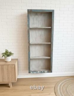 Vitrine Vintage en Verre Bleu 127cm Étroite Haute en Bois Murale Armoire Indienne