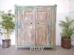Vitrine en bois vert indien vintage rustique pour salle de bain, cuisine et boissons