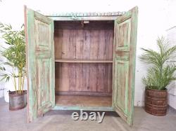 Vitrine en bois vert indien vintage rustique pour salle de bain, cuisine et boissons