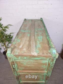 Vitrine en bois vert indien vintage rustique pour salle de bain, cuisine et boissons