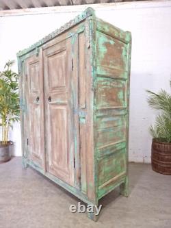 Vitrine en bois vert indien vintage rustique pour salle de bain, cuisine et boissons