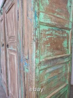 Vitrine en bois vert indien vintage rustique pour salle de bain, cuisine et boissons